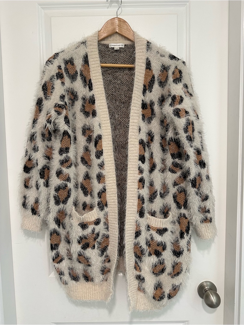 Leopard Print Open Front Fuzzy Cardigan in Cream Tan and Black Size Large